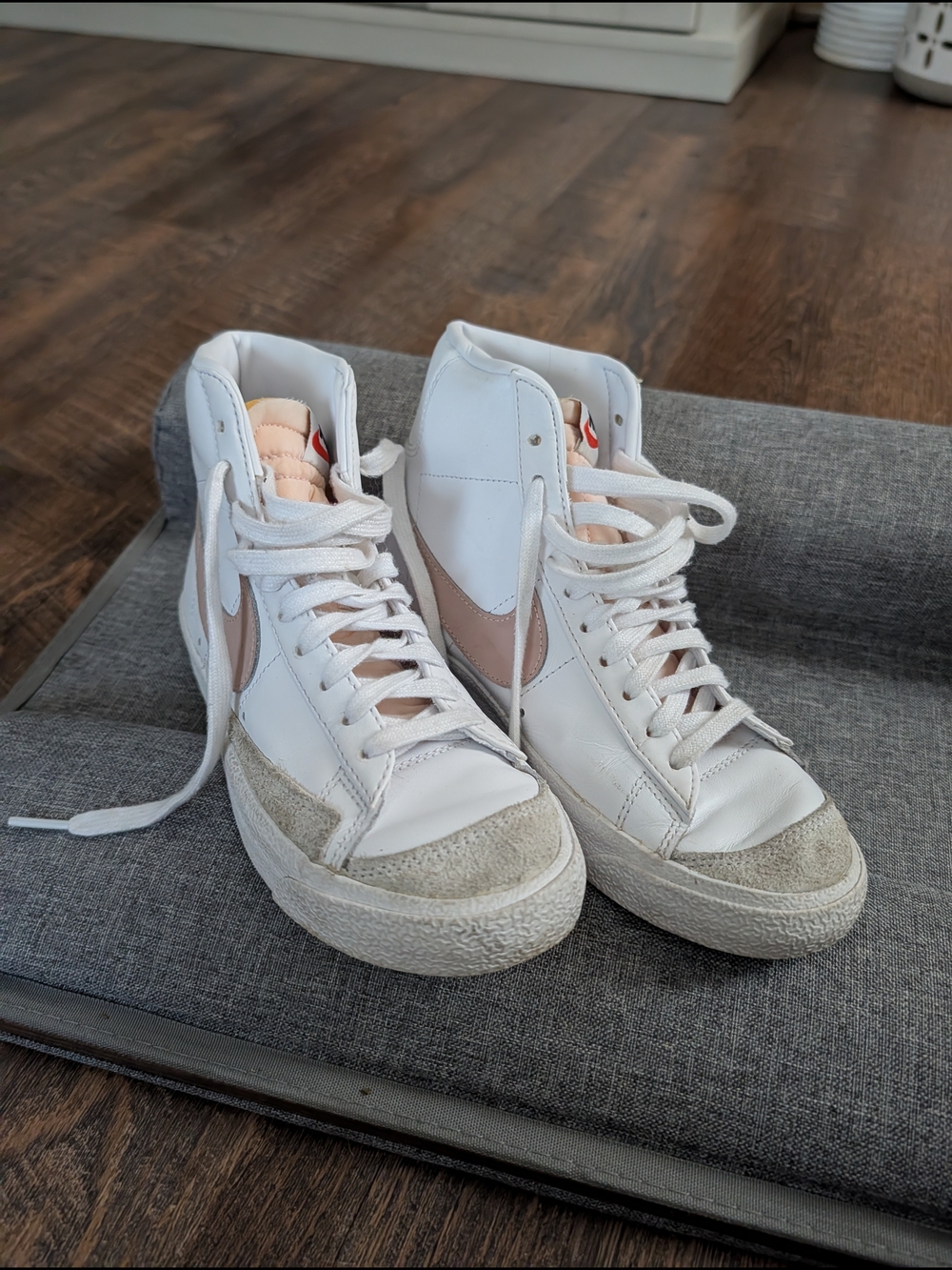 Nike White High-Top Sneakers with Blush Swoosh
